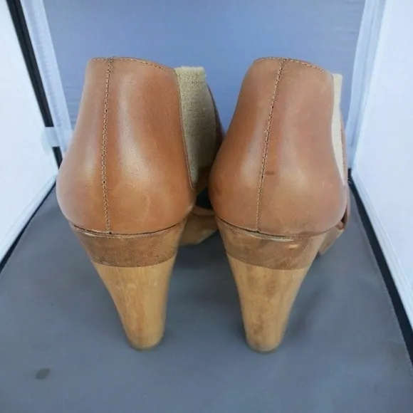 Theory Tan Leather Platform Chunky Heels Booties OPEN TOE shoes 9