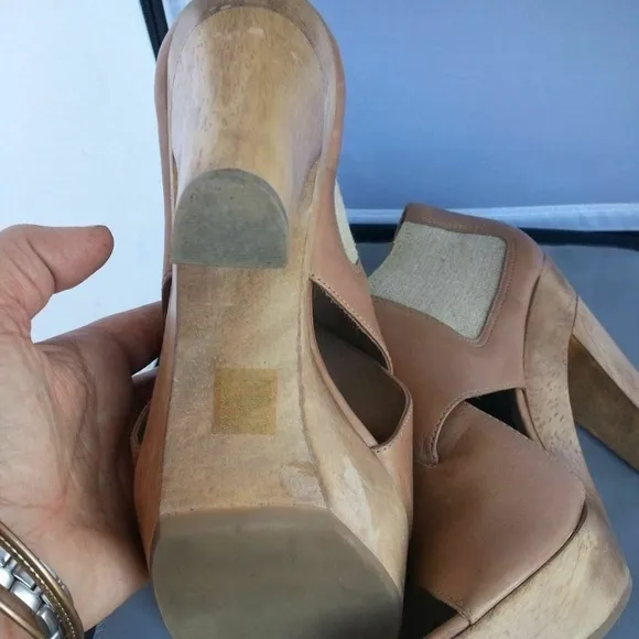 Theory Tan Leather Platform Chunky Heels Booties OPEN TOE shoes 9