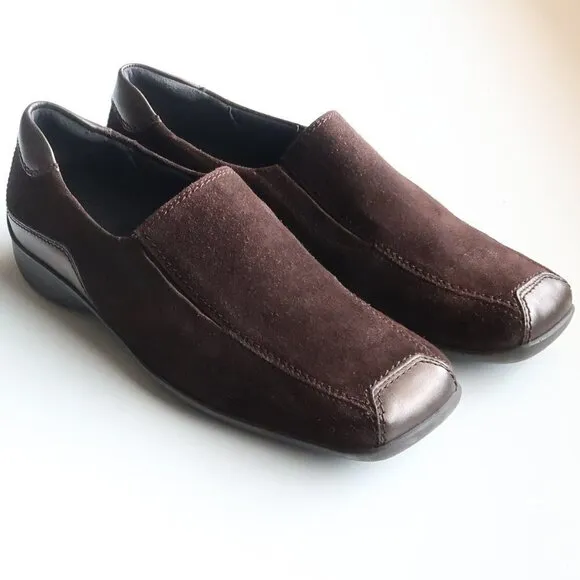 Theresia M. Brown Suede Square Toe Low Wedge Heel Slip On Comfort Shoes Size 8.5