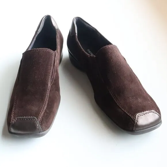 Theresia M. Brown Suede Square Toe Low Wedge Heel Slip On Comfort Shoes Size 8.5