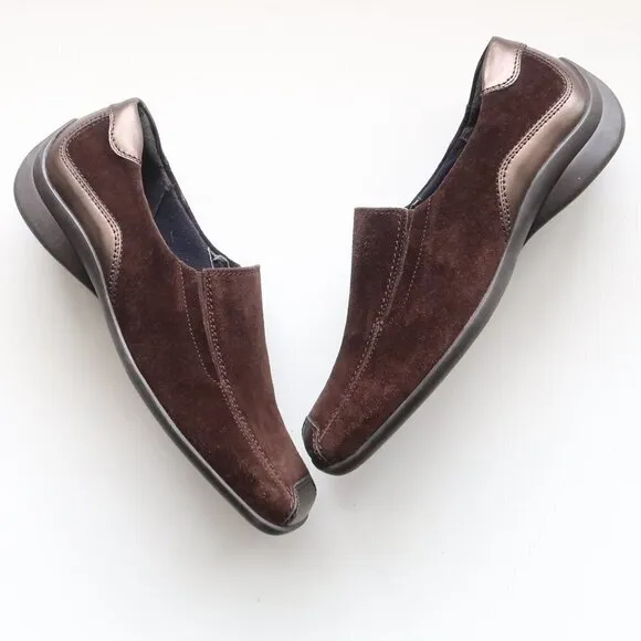 Theresia M. Brown Suede Square Toe Low Wedge Heel Slip On Comfort Shoes Size 8.5