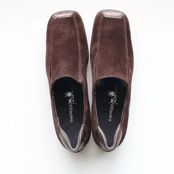 Theresia M. Brown Suede Square Toe Low Wedge Heel Slip On Comfort Shoes Size 8.5