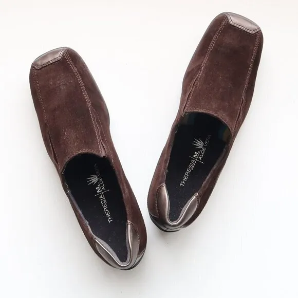 Theresia M. Brown Suede Square Toe Low Wedge Heel Slip On Comfort Shoes Size 8.5