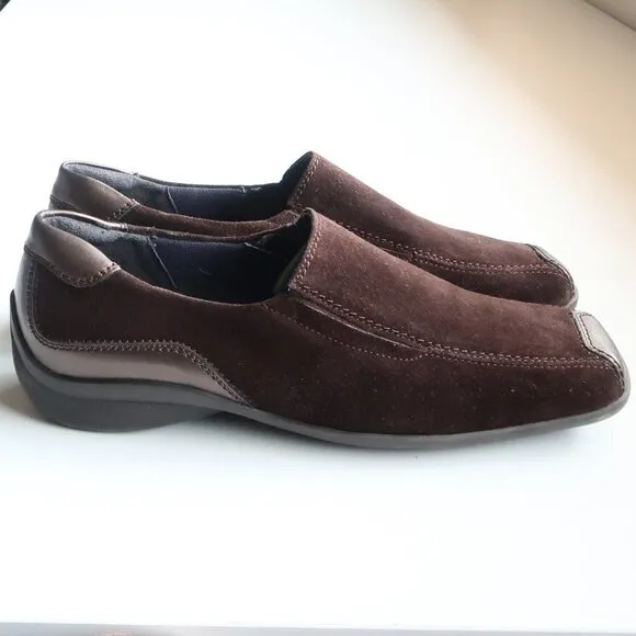 Theresia M. Brown Suede Square Toe Low Wedge Heel Slip On Comfort Shoes Size 8.5