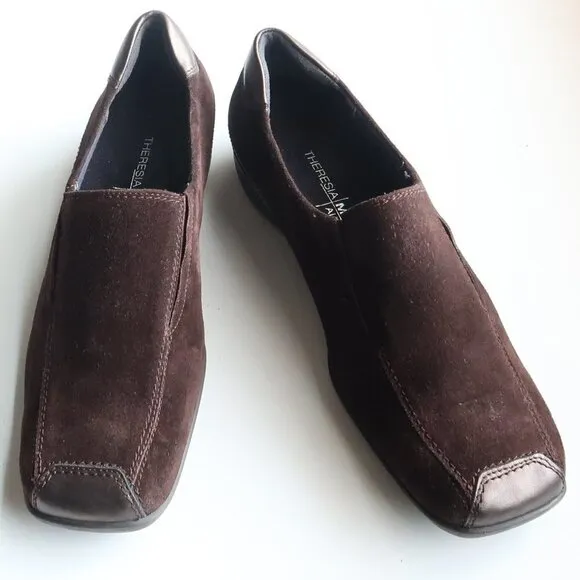 Theresia M. Brown Suede Square Toe Low Wedge Heel Slip On Comfort Shoes Size 8.5