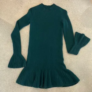 Theyskens Theory Green Cashmere Mock Neck Flounce Sleeve Sweater Dress Medium