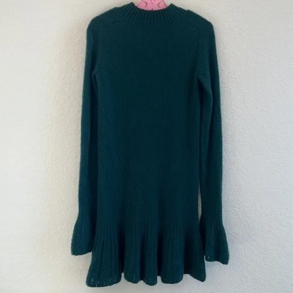 Theyskens Theory Green Cashmere Mock Neck Flounce Sleeve Sweater Dress Medium