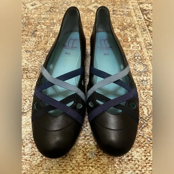 Thierry Rabotin Dark Blue Criss Cross Strap Low Wedged Shoes Size 39.5/US 9