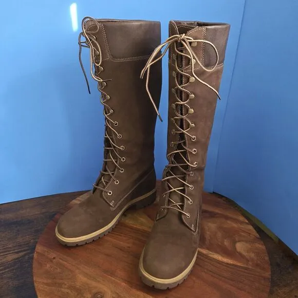 Timberland 14&quot; Premium WP Lace Up Boots Nubuck Brown Knee High 35395 Women's 8 M