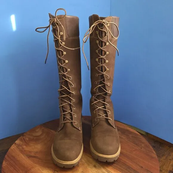 Timberland 14&quot; Premium WP Lace Up Boots Nubuck Brown Knee High 35395 Women's 8 M