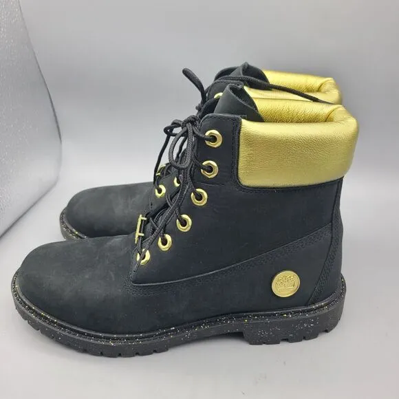 TIMBERLAND Boots Women Heritage 6''  Waterproof  Black Nubuck Gold Lace Up 9 New