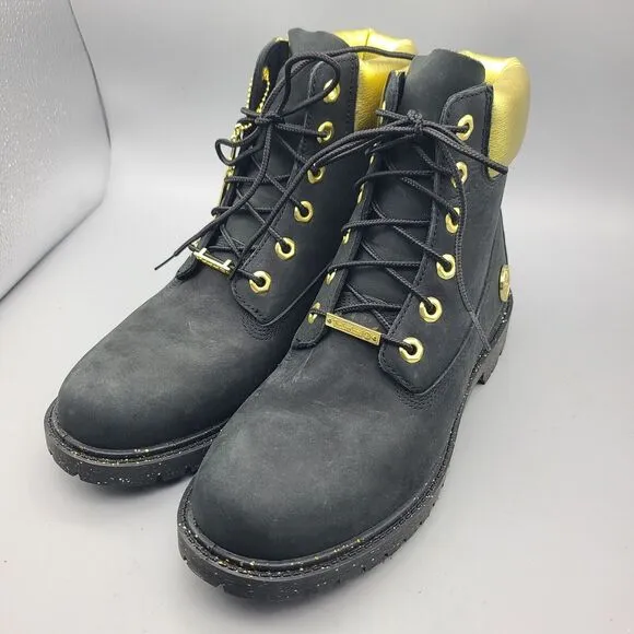 TIMBERLAND Boots Women Heritage 6''  Waterproof  Black Nubuck Gold Lace Up 9 New