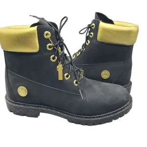 TIMBERLAND Boots Women Heritage 6''  Waterproof  Black Nubuck Gold Lace Up 9 New