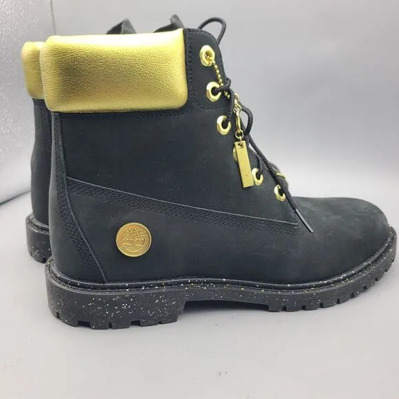 TIMBERLAND Boots Women Heritage 6''  Waterproof  Black Nubuck Gold Lace Up 9 New