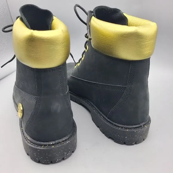 TIMBERLAND Boots Women Heritage 6''  Waterproof  Black Nubuck Gold Lace Up 9 New