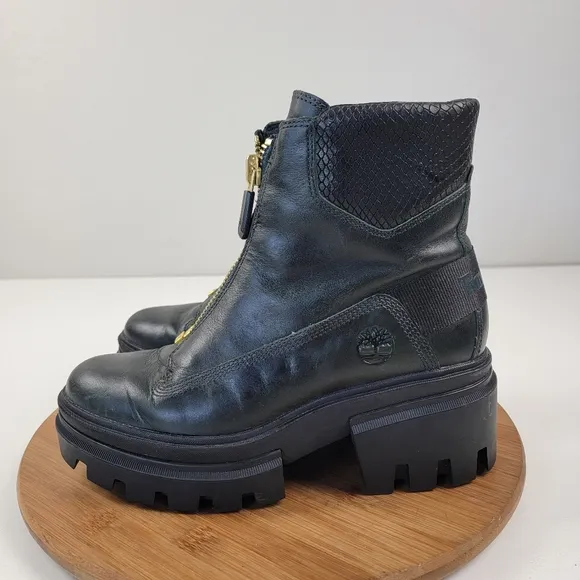 Timberland Everleigh Boot Front Zip Mid Boots Green Leather Womens 7.5 Platform