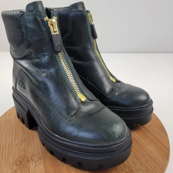 Timberland Everleigh Boot Front Zip Mid Boots Green Leather Womens 7.5 Platform