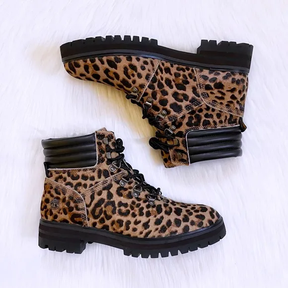Timberland Women’s London Square Cheetah Print Calf Hair Combat Boot Mid Hiker