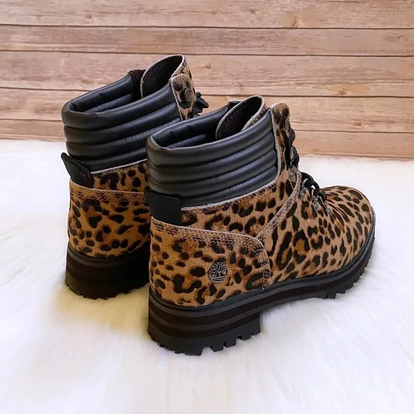 Timberland Women’s London Square Cheetah Print Calf Hair Combat Boot Mid Hiker