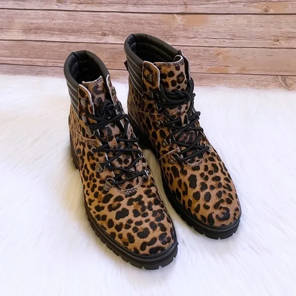 Timberland Women’s London Square Cheetah Print Calf Hair Combat Boot Mid Hiker