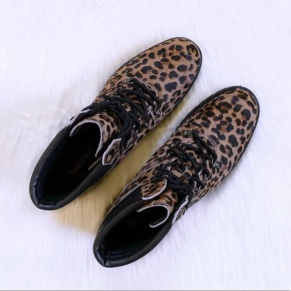 Timberland Women’s London Square Cheetah Print Calf Hair Combat Boot Mid Hiker