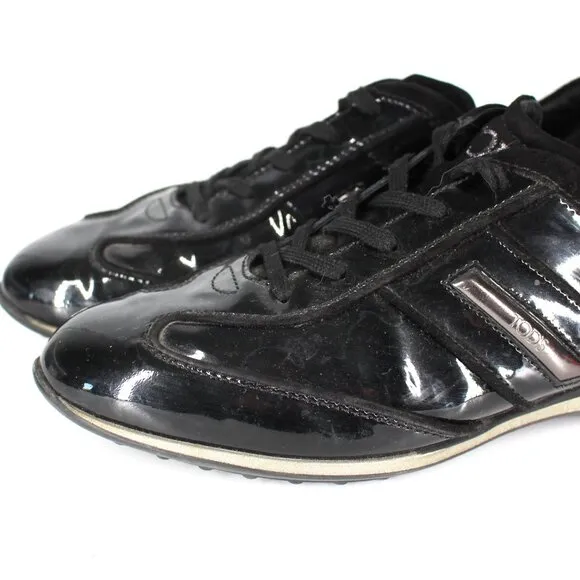 Tod's Black Patent Leather Suede Trim Lace Tie Low Top Sneakers 40.5 Shoes Y2K