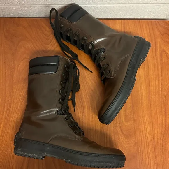 Tod’s Mid Calf Brown and Black Leather Lace Up Boots Size 7.5 37.5 Designer