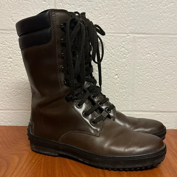 Tod’s Mid Calf Brown and Black Leather Lace Up Boots Size 7.5 37.5 Designer