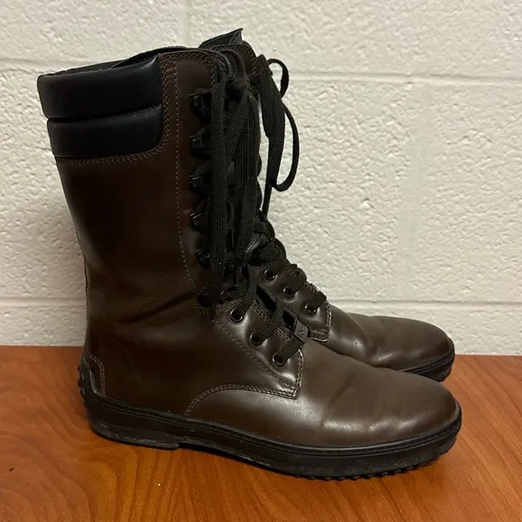 Tod’s Mid Calf Brown and Black Leather Lace Up Boots Size 7.5 37.5 Designer