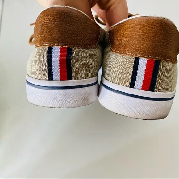 TOMMY HILFIGER Khaki Tan Brown Canvas Leather Lace Up Sneakers Boat Shoes 10.5