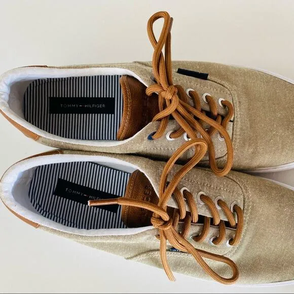 TOMMY HILFIGER Khaki Tan Brown Canvas Leather Lace Up Sneakers Boat Shoes 10.5