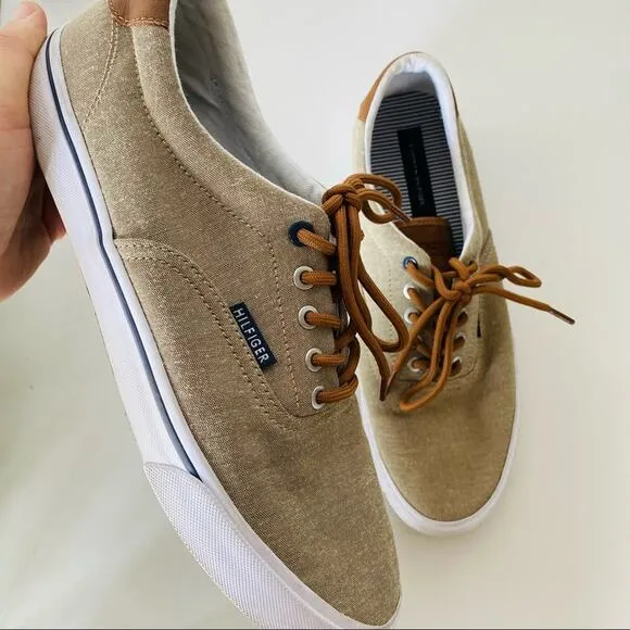 TOMMY HILFIGER Khaki Tan Brown Canvas Leather Lace Up Sneakers Boat Shoes 10.5