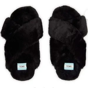 TOMS Womens Susie Black Faux Fur Vegan Slippers New in Box Size 9 Comfy &amp; Cozy