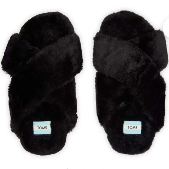 TOMS Womens Susie Black Faux Fur Vegan Slippers New in Box Size 9 Comfy &amp; Cozy
