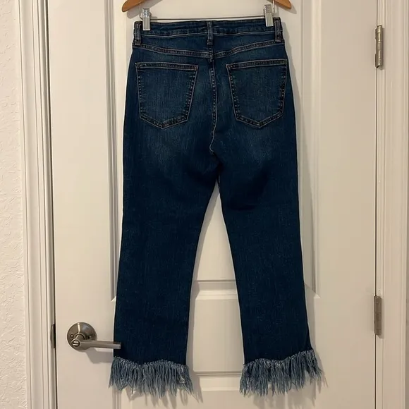 Topshop Moto Dree Fringe Frayed Hem Cropped Jeans Blue Medium Wash Denim Size 28