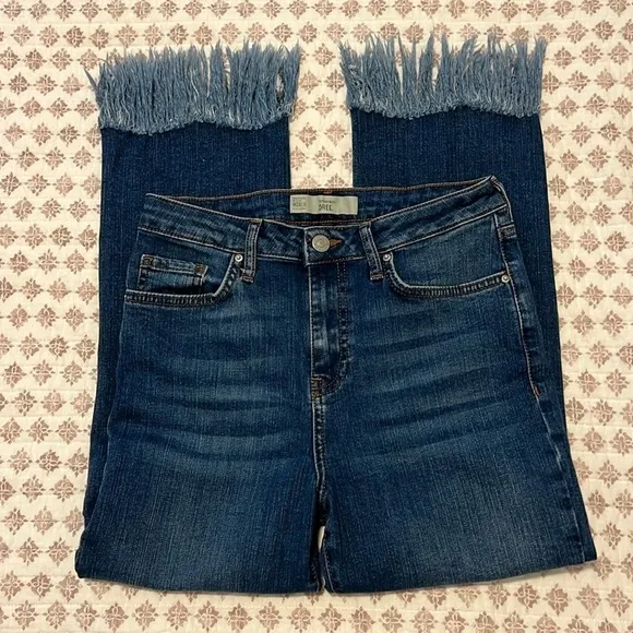 Topshop Moto Dree Fringe Frayed Hem Cropped Jeans Blue Medium Wash Denim Size 28