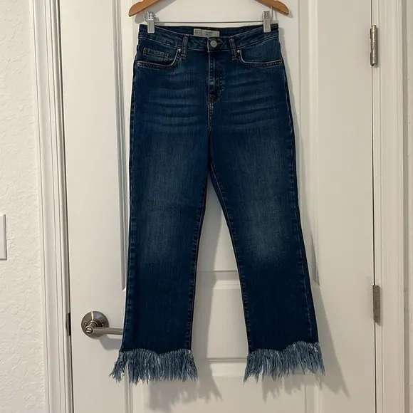 Topshop Moto Dree Fringe Frayed Hem Cropped Jeans Blue Medium Wash Denim Size 28