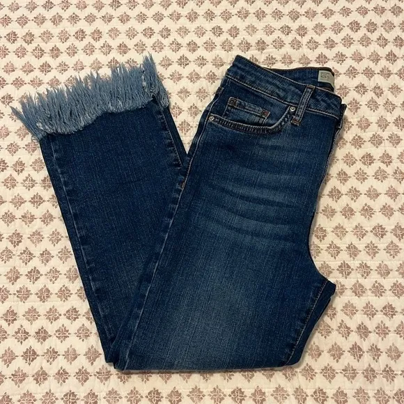 Topshop Moto Dree Fringe Frayed Hem Cropped Jeans Blue Medium Wash Denim Size 28