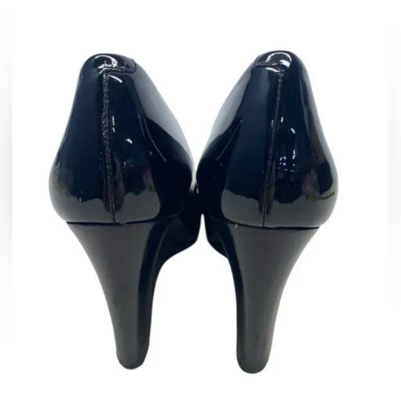 Tory Burch Jade Peep Toe Patent Leather Dress Wedge Pumps Navy Blue Size 8M