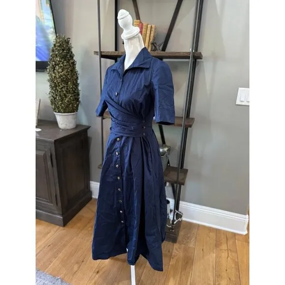 Tory Burch Poplin Wrap Midi Shirtdress Navy Blue Womens Size 0