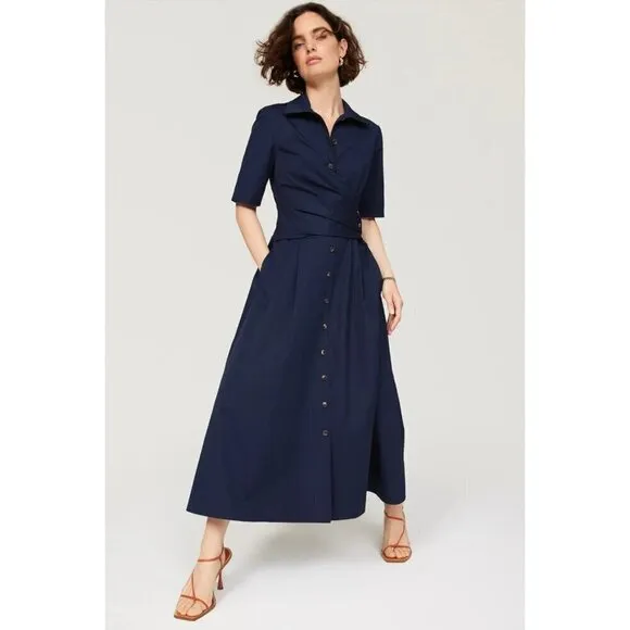 Tory Burch Poplin Wrap Midi Shirtdress Navy Blue Womens Size 0