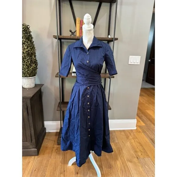 Tory Burch Poplin Wrap Midi Shirtdress Navy Blue Womens Size 0