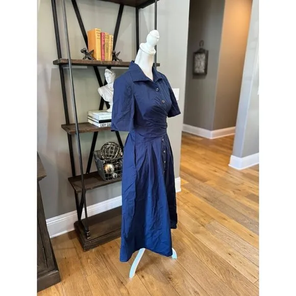Tory Burch Poplin Wrap Midi Shirtdress Navy Blue Womens Size 0