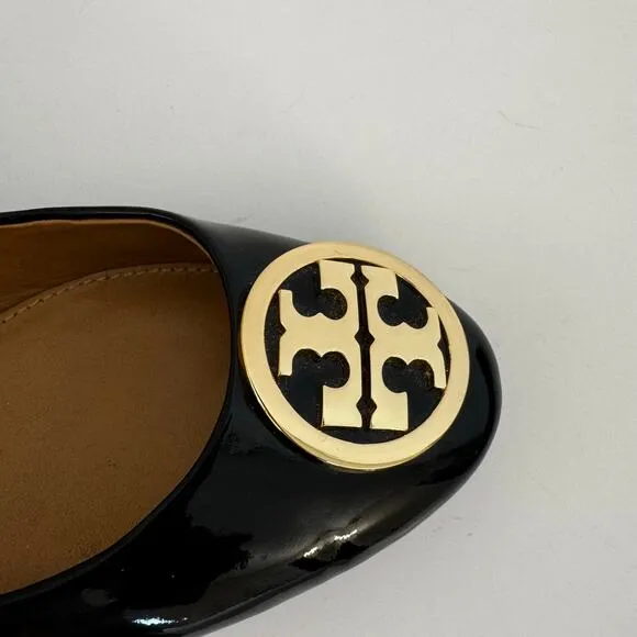 Tory Burch Reva Patent Leather Ballet Flats Shoes Double T Logo Black 8