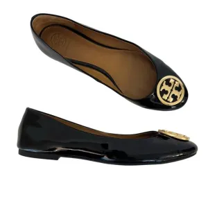 Tory Burch Reva Patent Leather Ballet Flats Shoes Double T Logo Black 8