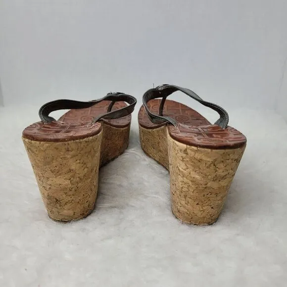 Tory Burch Thora Cork Wedge Flip Flip  Shiny Patent Silver Sandal Shoes Size 7.5