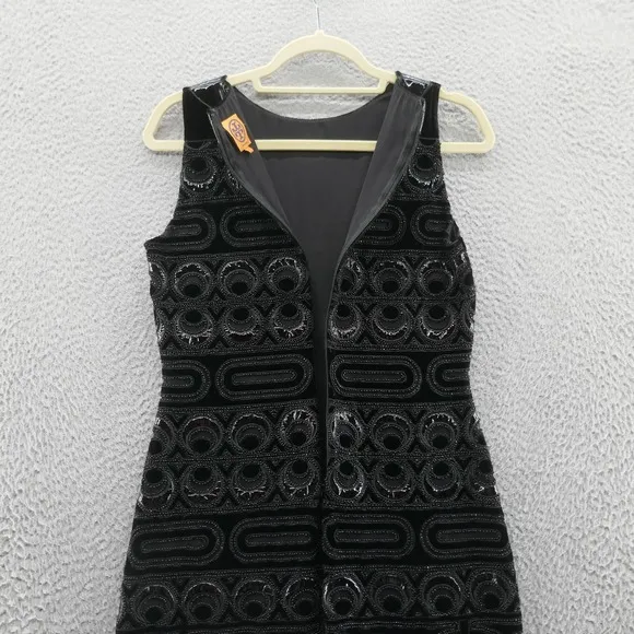 Tory Burch Womens Beaded Velvet Patent Leather Sheath Dress 4 Black Cocktail
