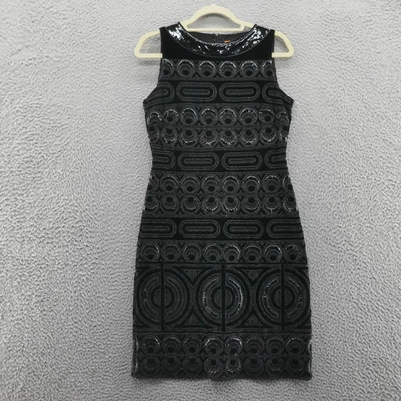 Tory Burch Womens Beaded Velvet Patent Leather Sheath Dress 4 Black Cocktail