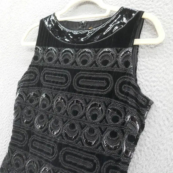 Tory Burch Womens Beaded Velvet Patent Leather Sheath Dress 4 Black Cocktail