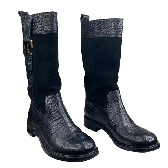 Tory Burch Women's Corey Black Leather Suede Mid Calf Boots Size US 5.5